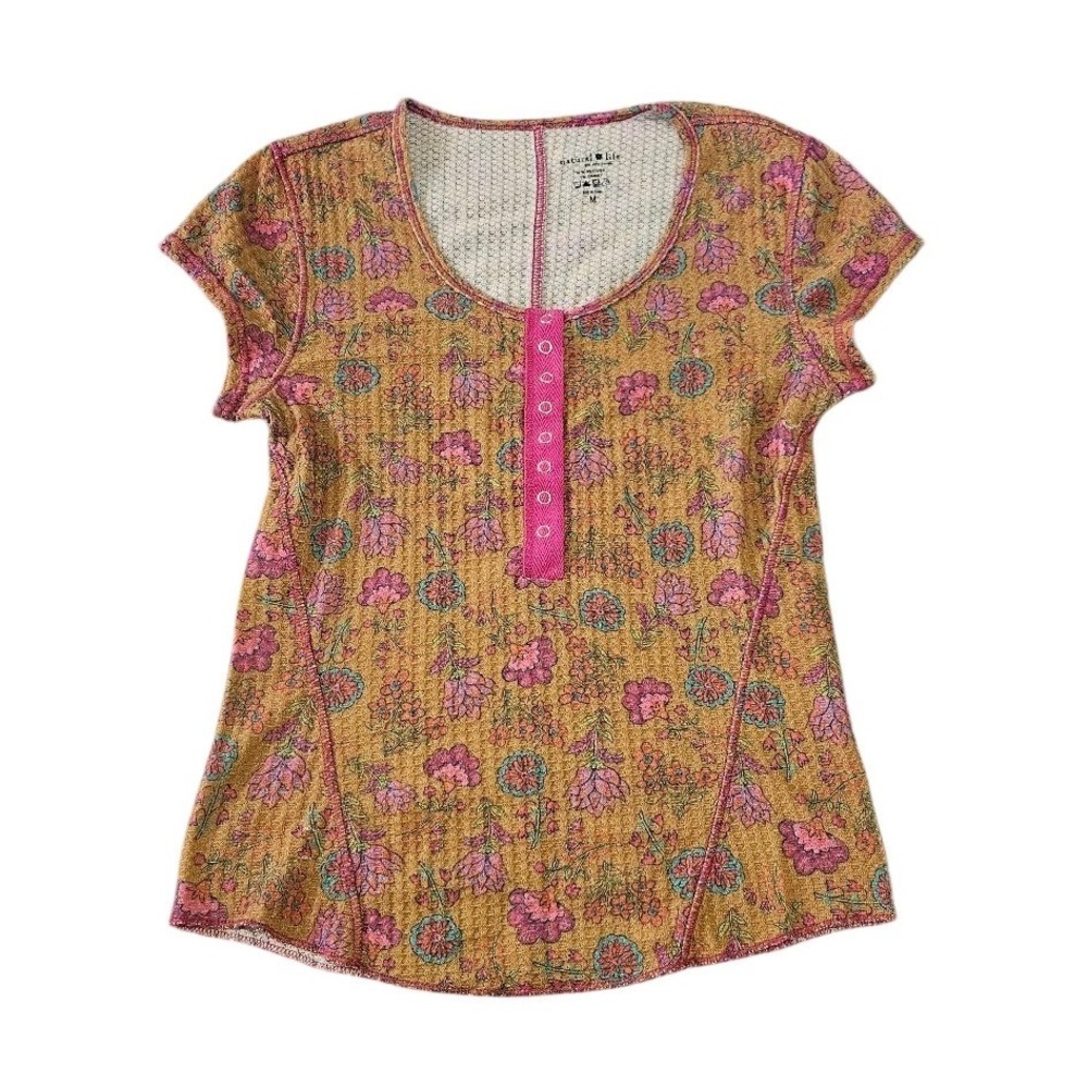 Natural Life Womens Mustard Floral Waffle Knit Henley Short Sleeve Top Medium
